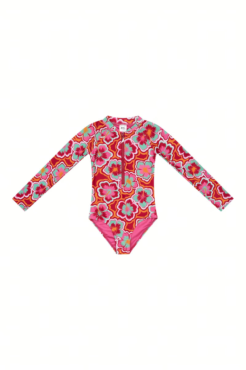 Trippin Hibiscus long sleeve girls swim onesie front view