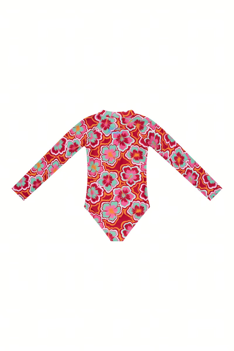 Back of the Trippin Hibiscus long sleeve girls UPF 50+ swim onesie