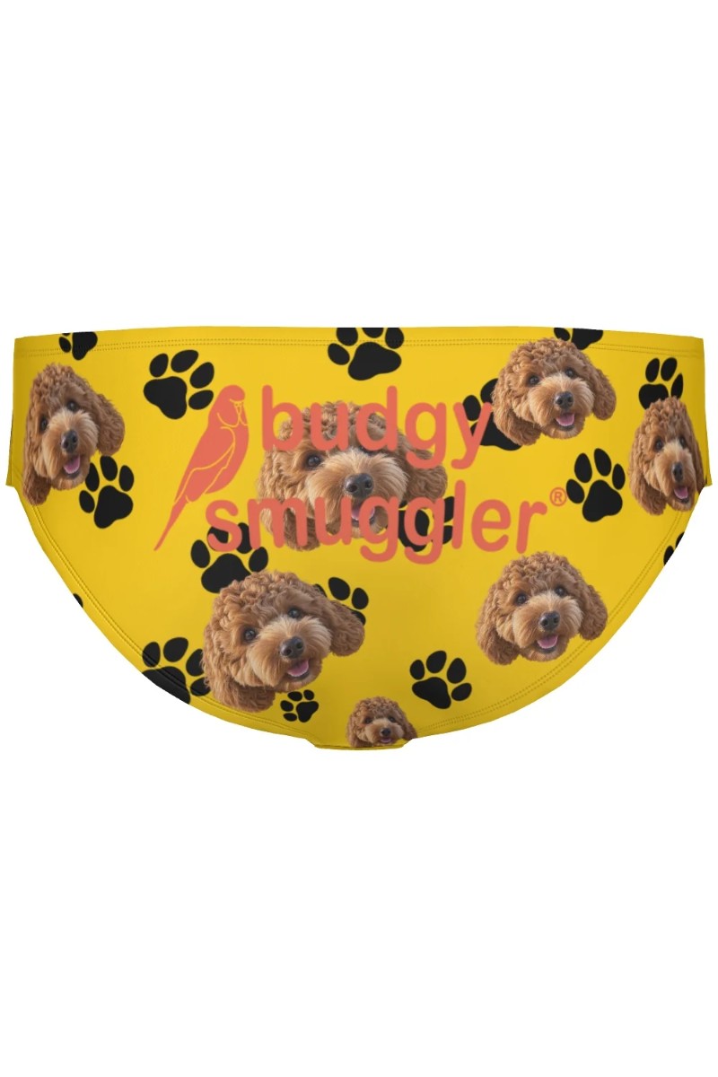 Back of custom pet photo swimmers with Budgy Smuggler logo across the seat