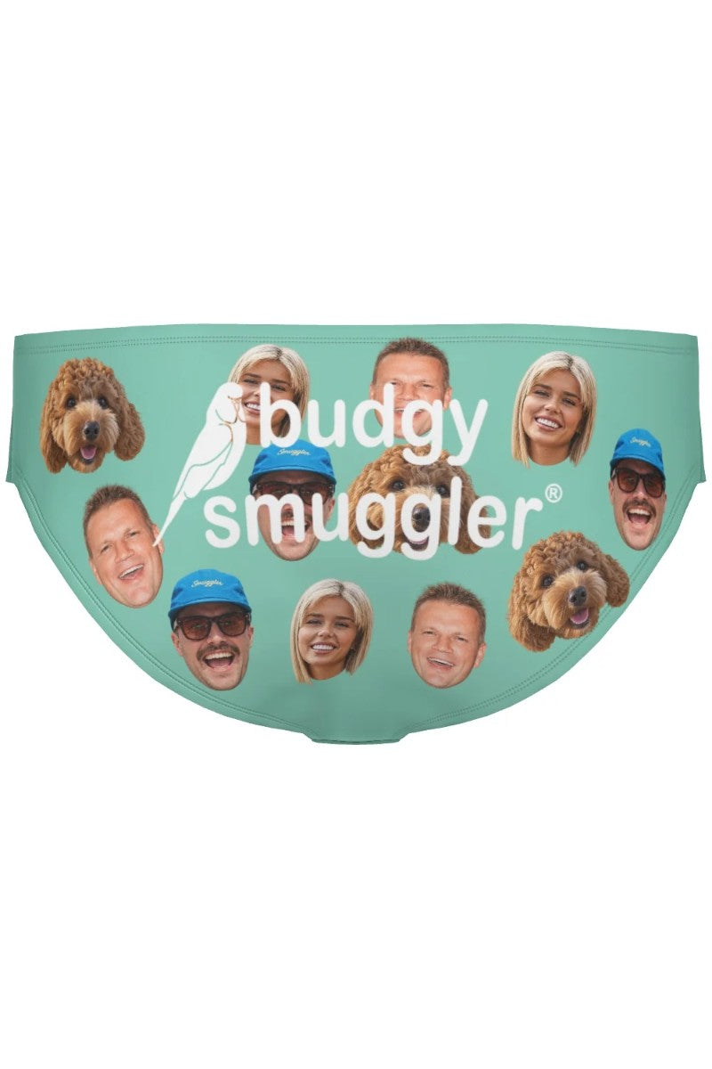 Back of custom family photo budgies with Budgy Smuggler logo across the seat
