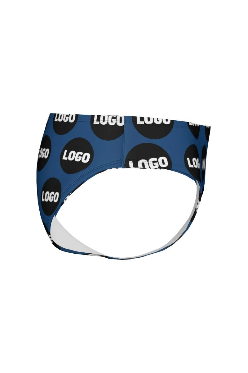 Side angle of personalised logo swim briefs on white background