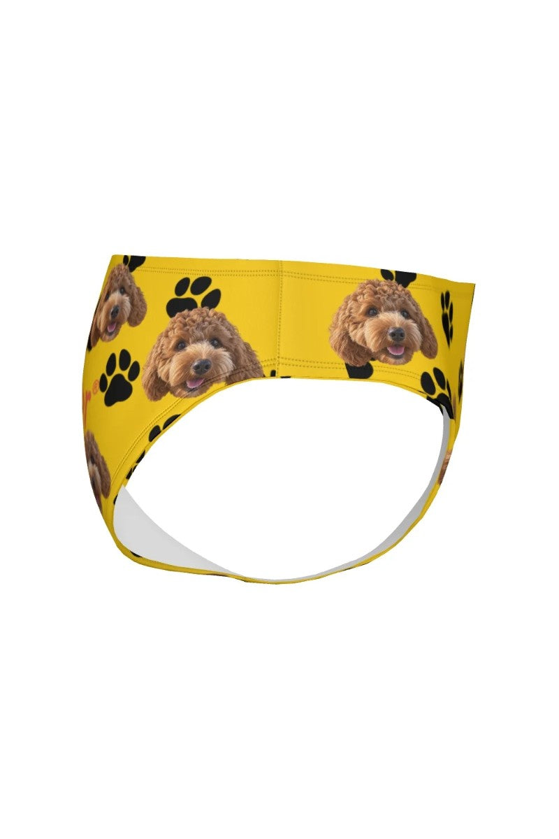 Side angle of personalised pet face swim briefs on white background
