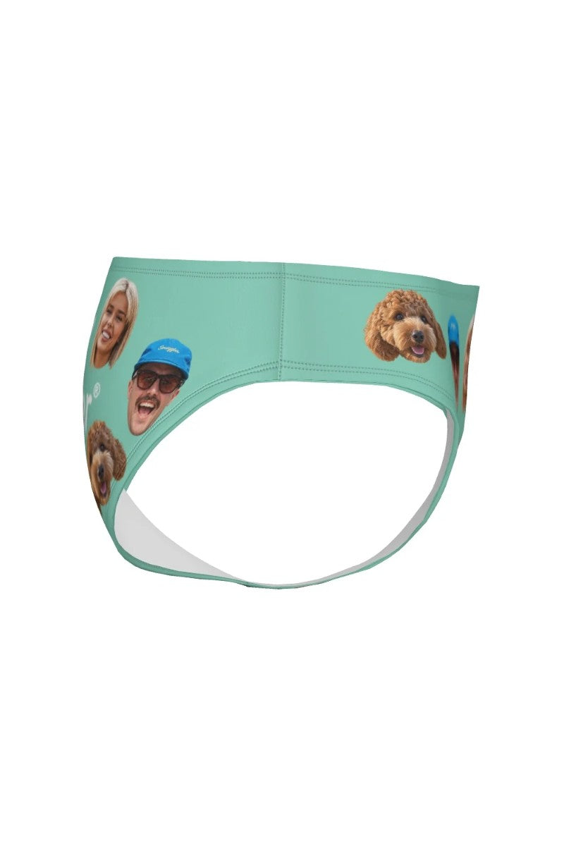 Side angle of personalised family face swim briefs on white background