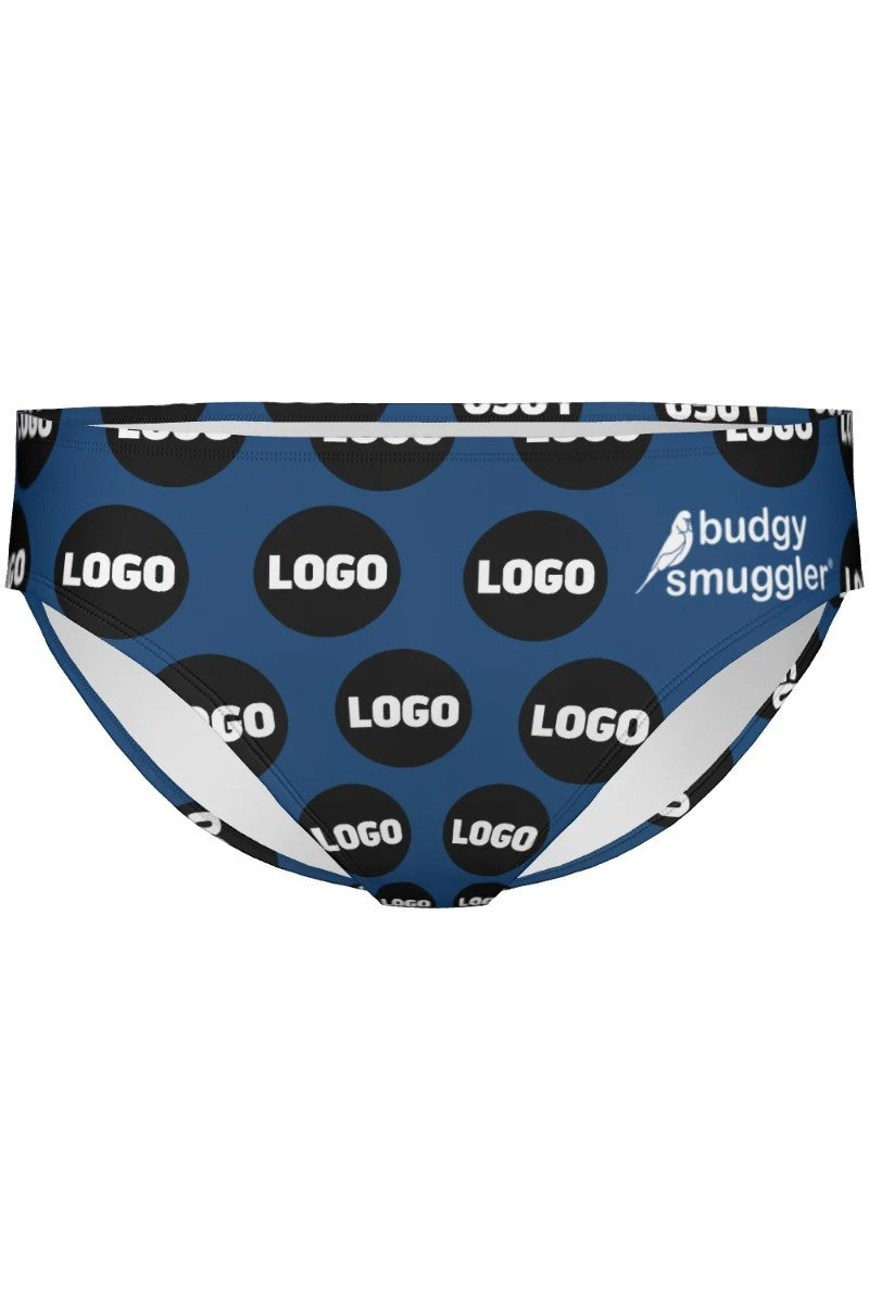 Custom DIY Logo Swapper men's smugglers, navy with your business logo printed all over, front view