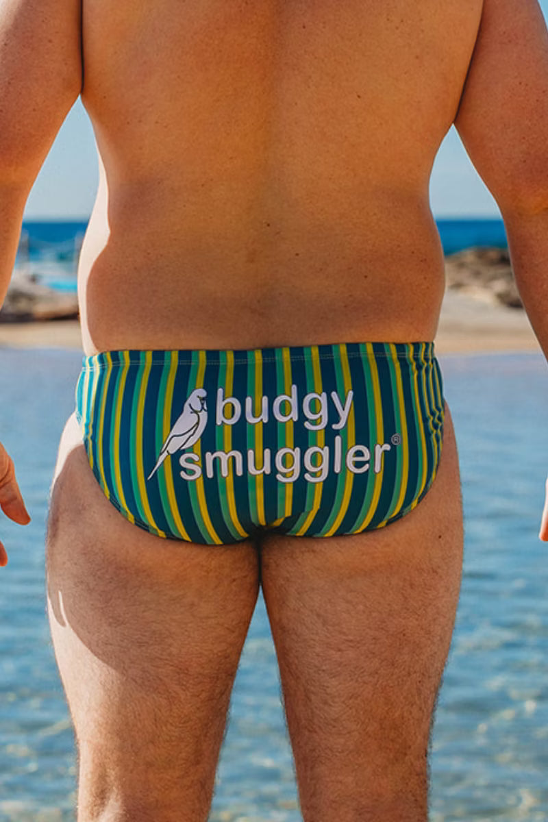 Rear view of a man standing at the beach wearing green and yellow striped swim briefs with the text 'buddy smuggler' and a bird logo printed on the back.