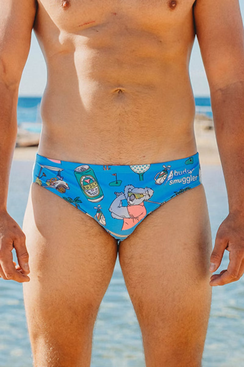 Front view of Swingers Club men's swimwear with golf and beer can print