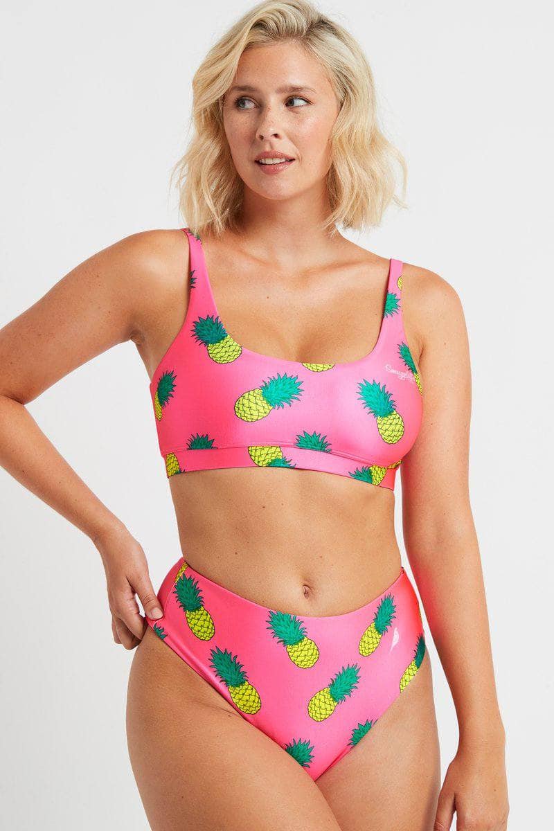 WOMENS SWIMWEAR PINK FINEAPPLE DESIGN HIGH WAISTED CHEEKY